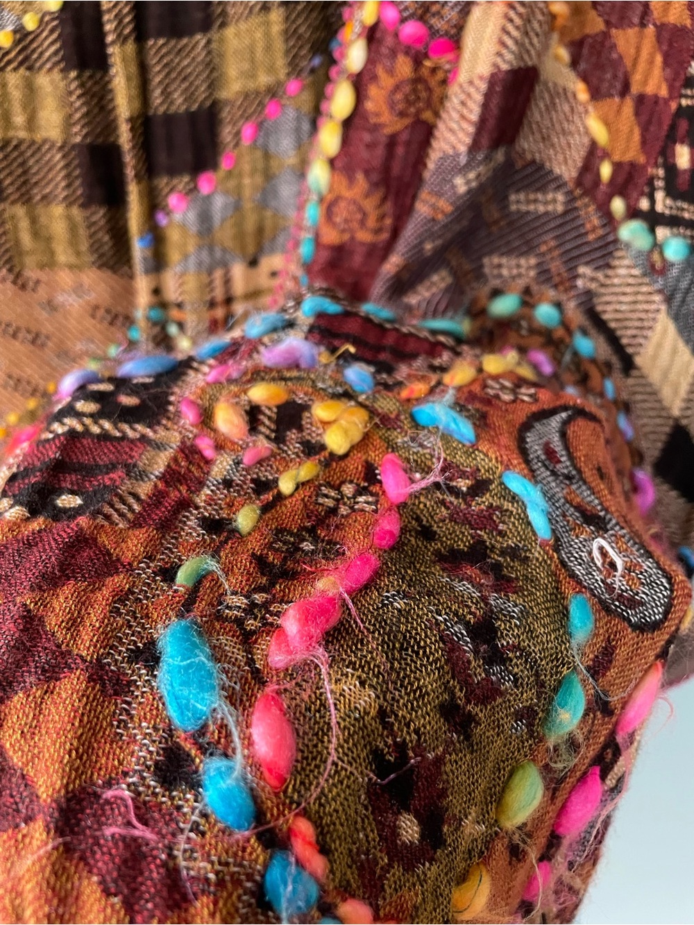 John Mark | Brown Patchwork Open Kimono Cardigan Colorful Embroidered Yarn - Picture 8 of 9